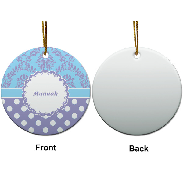 Purple Damask & Dots Ceramic Flat Ornament - Circle Front & Back (APPROVAL)