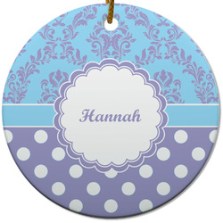 Purple Damask & Dots Round Ceramic Ornament w/ Name or Text