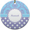 Purple Damask & Dots Round Ceramic Ornament w/ Name or Text