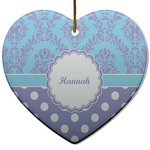 Purple Damask & Dots Heart Ceramic Ornament w/ Name or Text