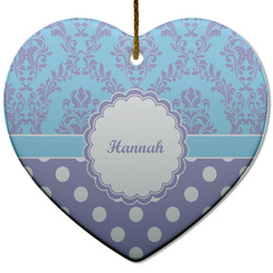 Purple Damask & Dots Heart Ceramic Ornament w/ Name or Text