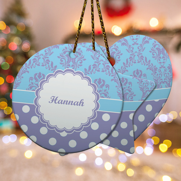 Custom Purple Damask & Dots Ceramic Ornament w/ Name or Text