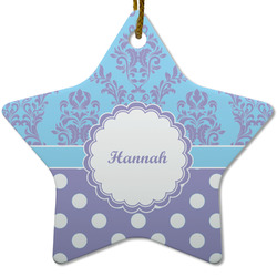 Purple Damask & Dots Star Ceramic Ornament w/ Name or Text