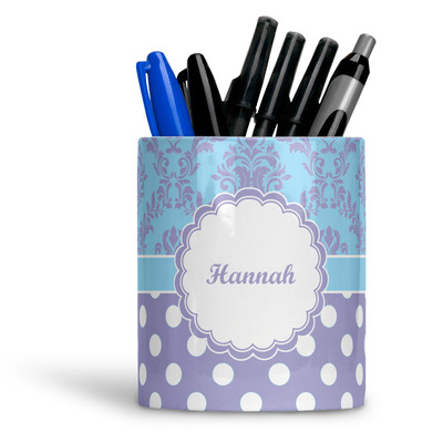 Purple Damask & Dots Ceramic Pen Holder