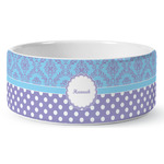 Purple Damask & Dots Ceramic Dog Bowl (Personalized)