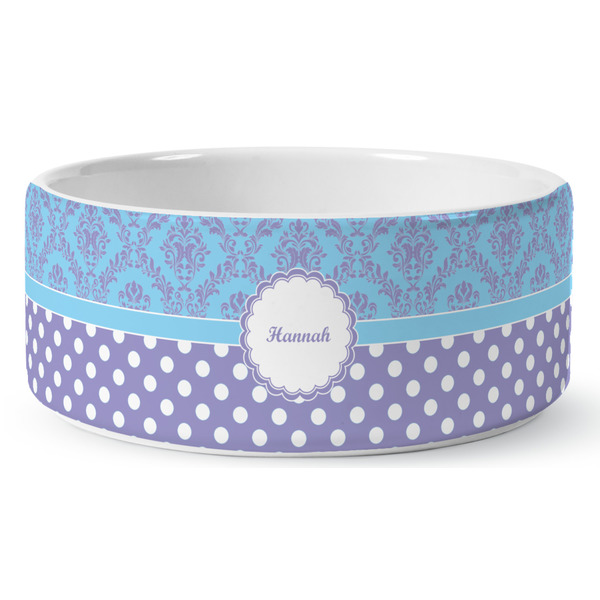 Custom Purple Damask & Dots Ceramic Dog Bowl - Large (Personalized)
