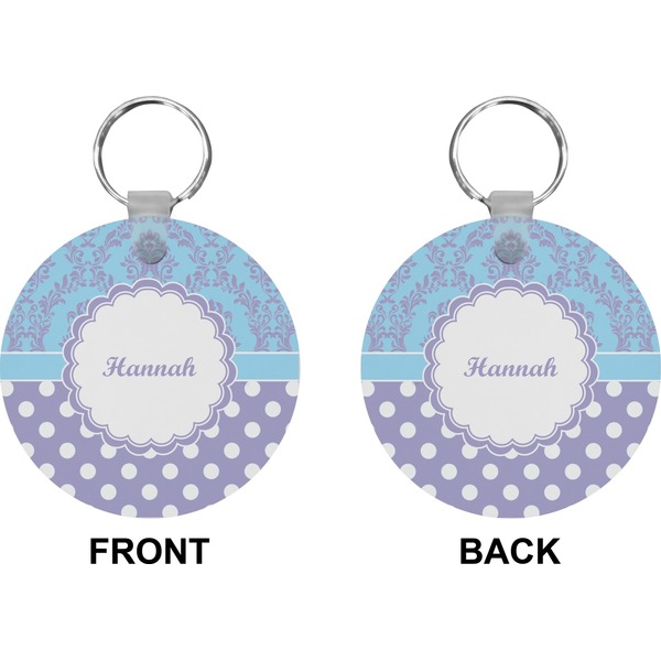 Purple Damask & Dots Circle Keychain (Front + Back)