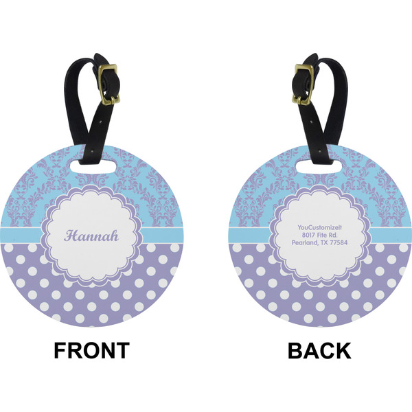 Purple Damask & Dots Circle Luggage Tag (Front + Back)