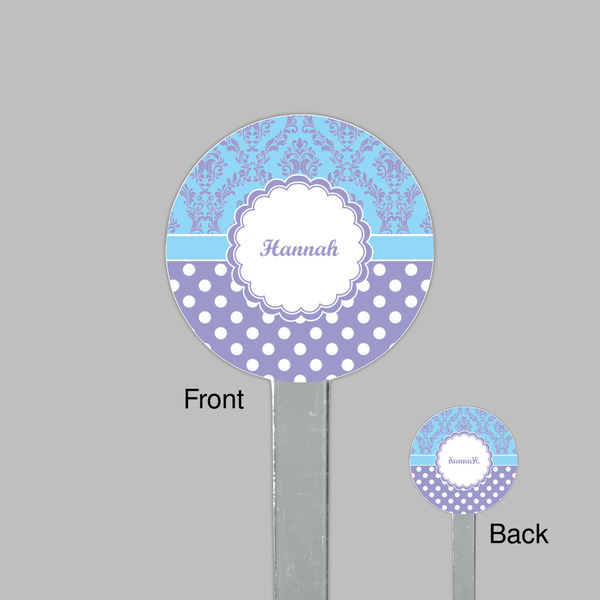 Purple Damask & Dots Clear Plastic 7" Stir Stick - Round - Front & Back