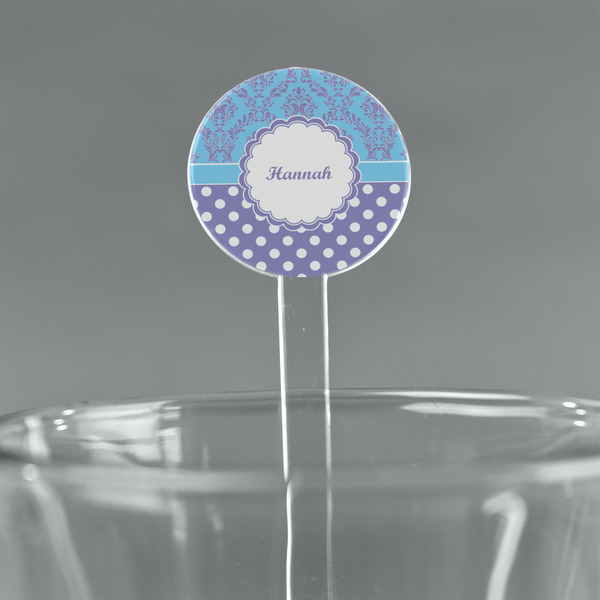 Custom Purple Damask & Dots 7" Round Plastic Stir Sticks - Clear (Personalized)