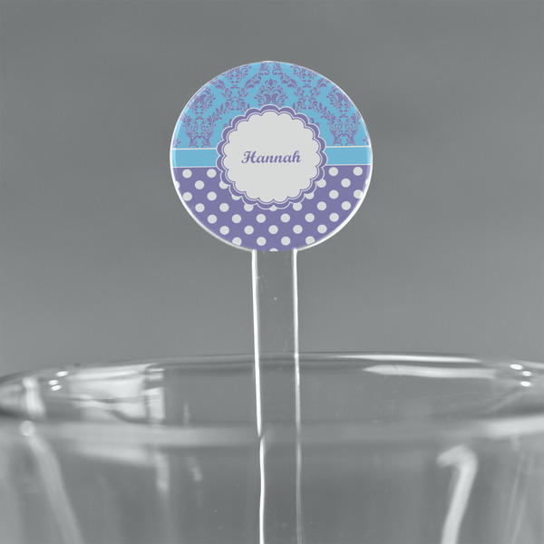 Custom Purple Damask & Dots 5.5" Round Plastic Stir Sticks - Clear (Personalized)