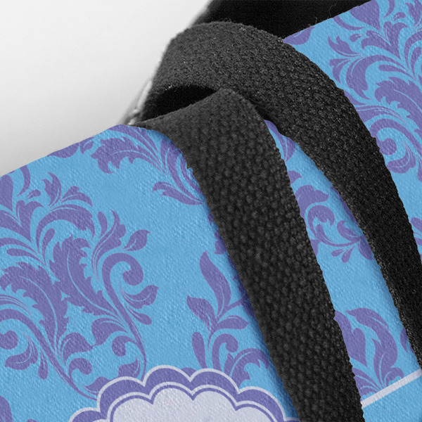 Purple Damask & Dots Closeup of Tote w/Black Handles