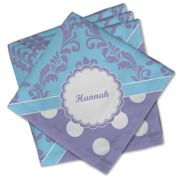 Custom Purple Damask & Dots Cloth Cocktail Napkins - Set of 4 w/ Name or Text