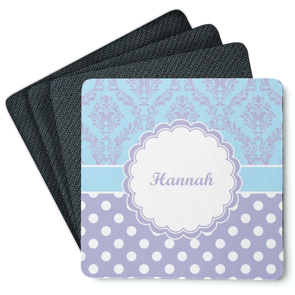 Custom Purple Damask & Dots Square Rubber Backed Coasters - Set of 4 (Personalized)