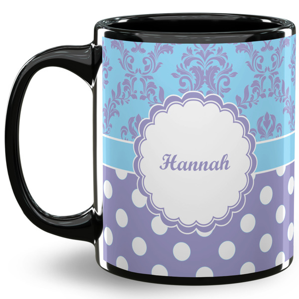 Custom Purple Damask & Dots 11 Oz Coffee Mug - Black (Personalized)