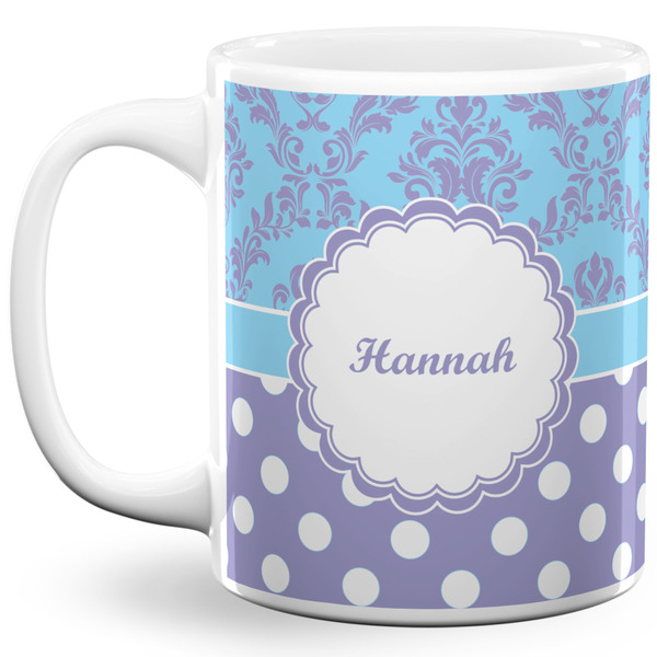 Custom Purple Damask & Dots 11 Oz Coffee Mug - White (Personalized)