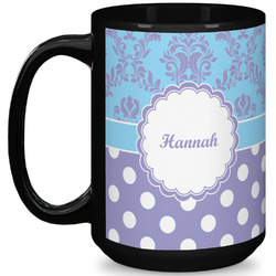 Purple Damask & Dots 15 Oz Coffee Mug - Black (Personalized)