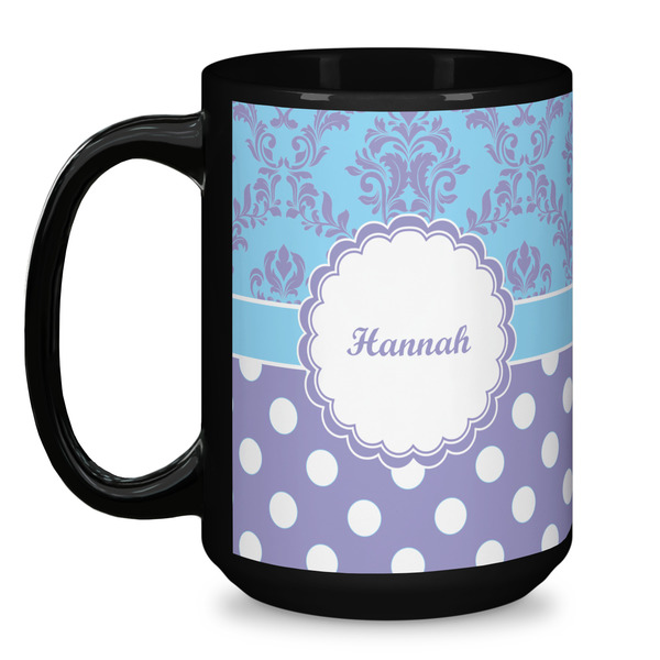 Purple Damask & Dots Coffee Mug - 15 oz - Black