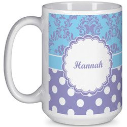 Purple Damask & Dots 15 Oz Coffee Mug - White (Personalized)