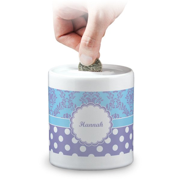 Custom Purple Damask & Dots Coin Bank (Personalized)