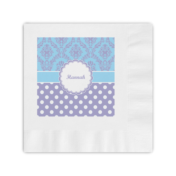 Custom Purple Damask & Dots Coined Cocktail Napkins (Personalized)
