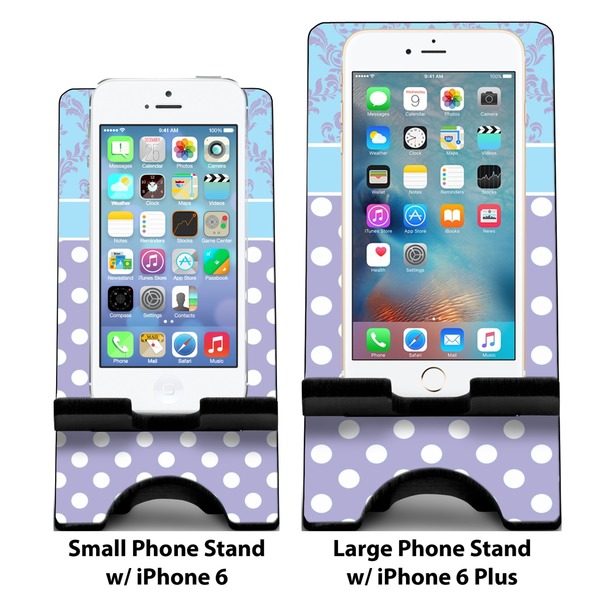 Purple Damask & Dots Compare Phone Stand Sizes - with iPhones