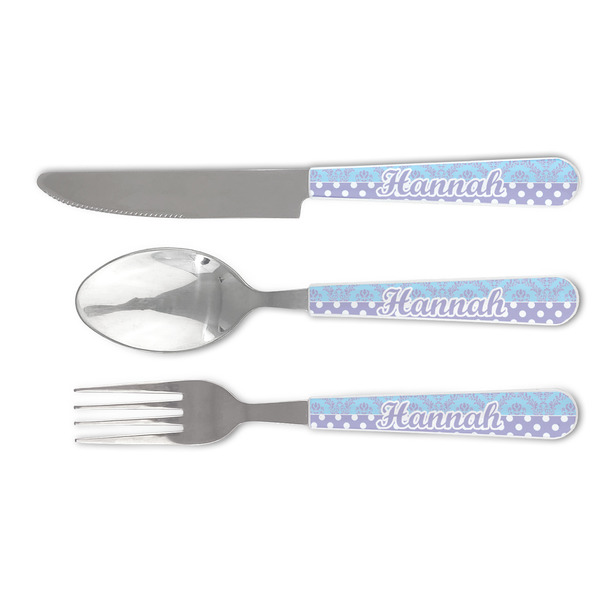 Custom Purple Damask & Dots Cutlery Set (Personalized)