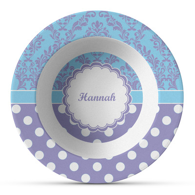Purple Damask & Dots Plastic Bowl - Microwave Safe - Composite Polymer (Personalized)