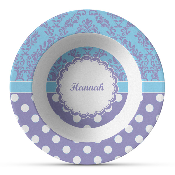 Custom Purple Damask & Dots Plastic Bowl - Microwave Safe - Composite Polymer (Personalized)