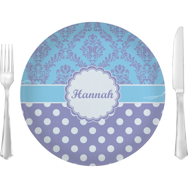 Custom Purple Damask & Dots 10" Glass Lunch / Dinner Plates - Single or Set (Personalized)