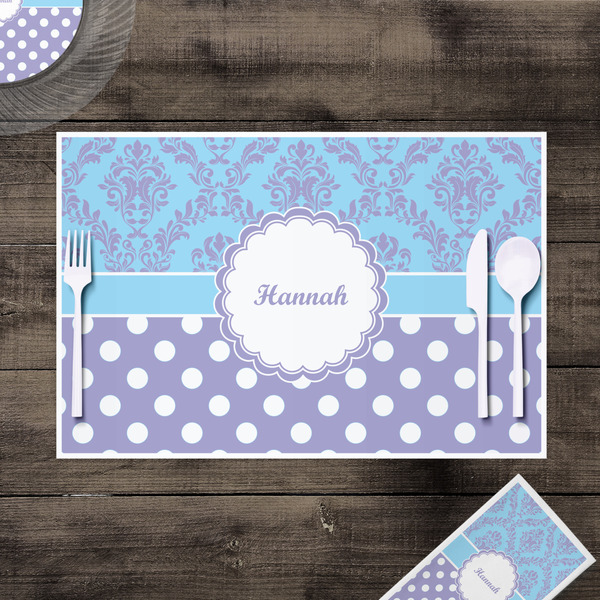 Purple Damask & Dots Disposable Paper Placemat - In Context