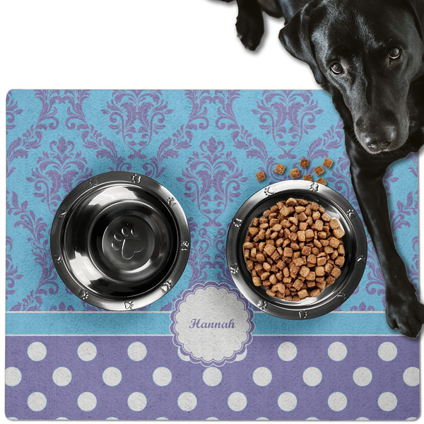 Custom Purple Damask & Dots Dog Food Mat - Large w/ Name or Text