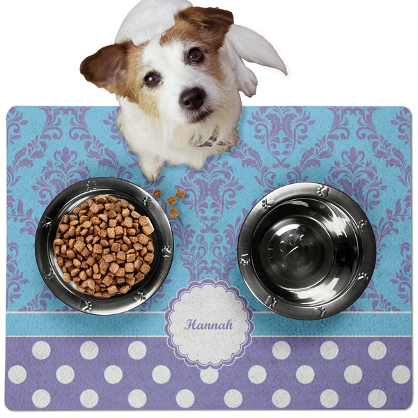 Custom Purple Damask & Dots Dog Food Mat - Medium w/ Name or Text