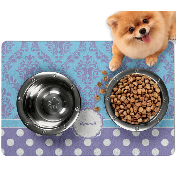 Custom Purple Damask & Dots Dog Food Mat - Small w/ Name or Text