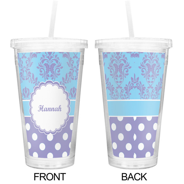 Purple Damask & Dots Double Wall Tumbler with Straw - Approval