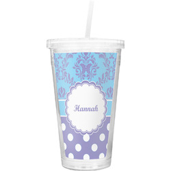 Purple Damask & Dots Double Wall Tumbler with Straw (Personalized)