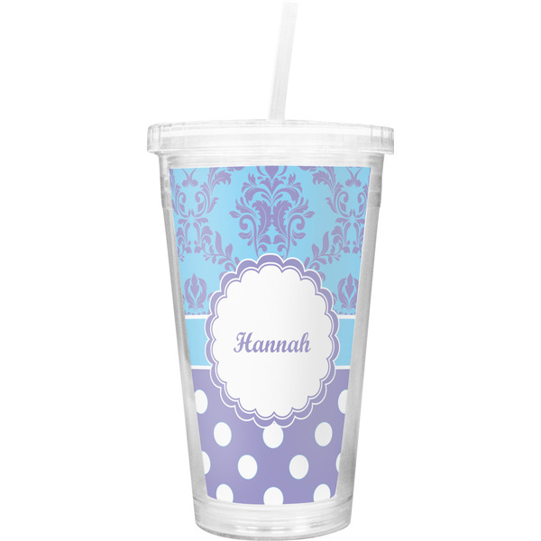 Custom Purple Damask & Dots Double Wall Tumbler with Straw (Personalized)