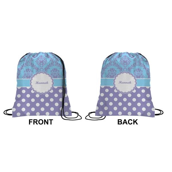Purple Damask & Dots Drawstring Backpack Front & Back Small