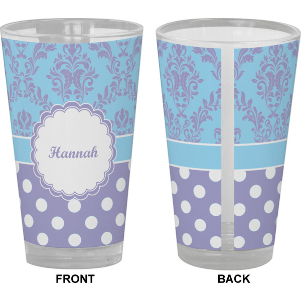 Purple Damask & Dots Pint Glass - Full Color - Front & Back Views