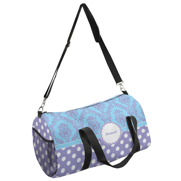 Custom Purple Damask & Dots Duffel Bag (Personalized)