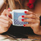 Purple Damask & Dots Espresso Cup - 6oz (Double Shot) LIFESTYLE (Woman hands cropped)