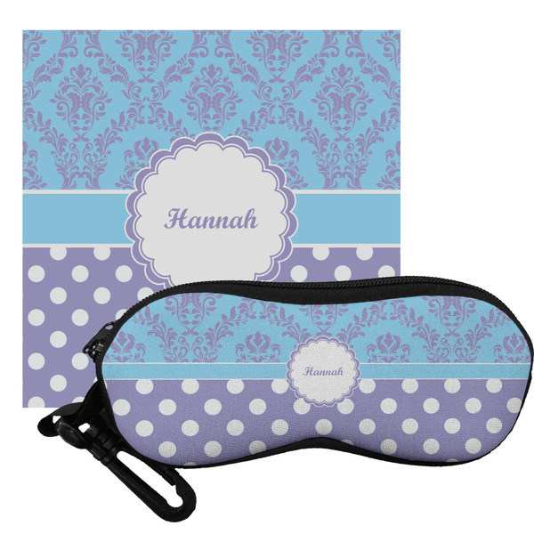 Custom Purple Damask & Dots Eyeglass Case & Cloth (Personalized)