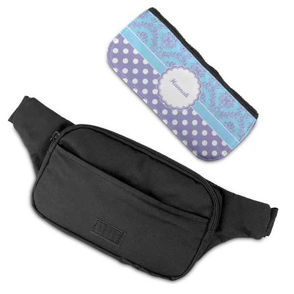 Purple Damask & Dots Fanny Packs - FLAT (flap off)