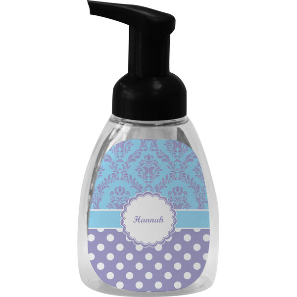 Custom Purple Damask & Dots Foam Soap Bottle - Black (Personalized)