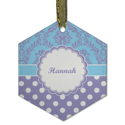 Purple Damask & Dots Flat Glass Ornament - Hexagon w/ Name or Text