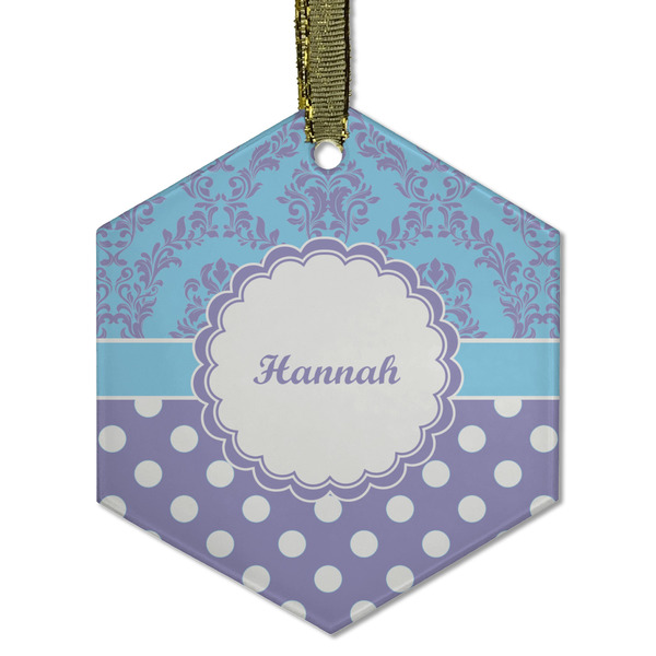 Custom Purple Damask & Dots Flat Glass Ornament - Hexagon w/ Name or Text