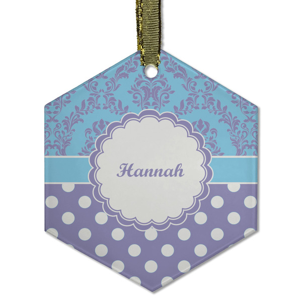 Purple Damask & Dots Frosted Glass Ornament - Hexagon