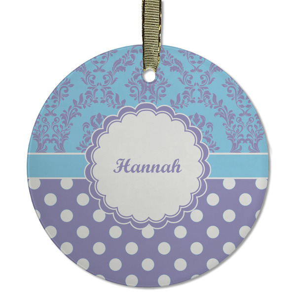 Custom Purple Damask & Dots Flat Glass Ornament - Round w/ Name or Text