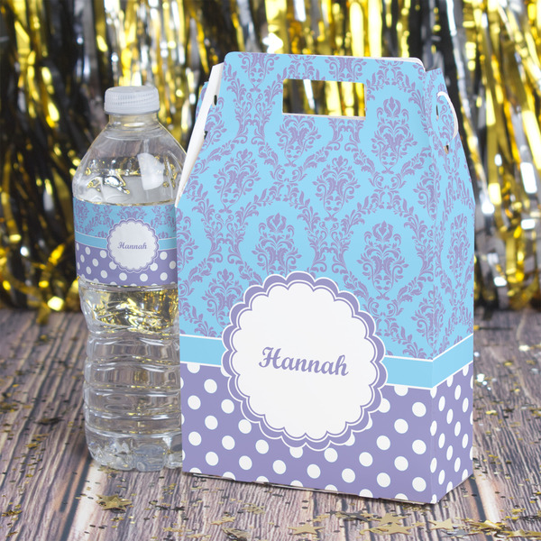 Purple Damask & Dots Gable Favor Box - In Context