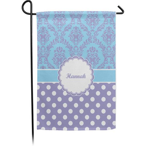 Custom Purple Damask & Dots Small Garden Flag - Single Sided w/ Name or Text
